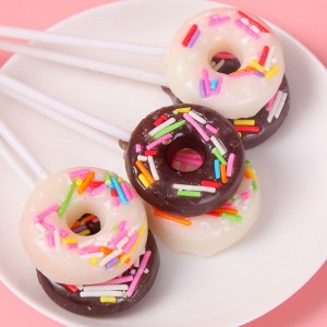 16G halal Doughnut Shape Fruit Flavor Hard Lollipop Doughnut Lollipop in Bottle Jar Supplier