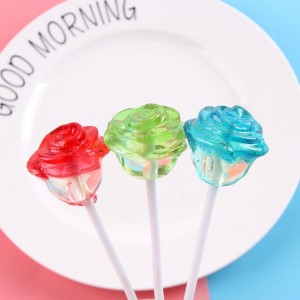 13-15g Rose Shape Mixed Color Lollipop OEM Bulk Halal Sweets Rose Shaped Hard Candy Crystal Lollipop with basket For Valentine’s Day