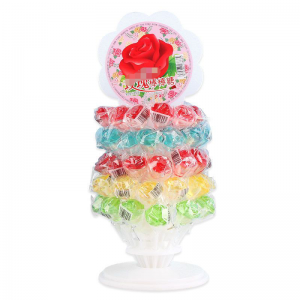 13-15g Rose Shape Mixed Color Lollipop OEM Bulk Halal Sweets Rose Shaped Hard Candy Crystal Lollipop with basket For Valentine’s Day