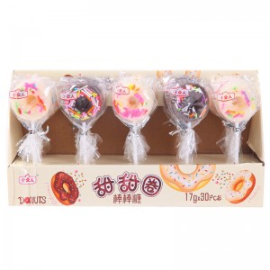 16G halal Doughnut Shape Fruit Flavor Hard Lollipop Doughnut Lollipop in Bottle Jar Supplier