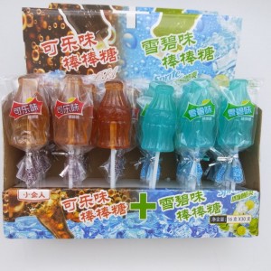 OEM high quality cola bottle shape hard lollypop low price wholesale various fruits lollipop sweet candy manufacturer