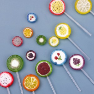 fruity fruit shape slice sweet sour hard lollipop candy